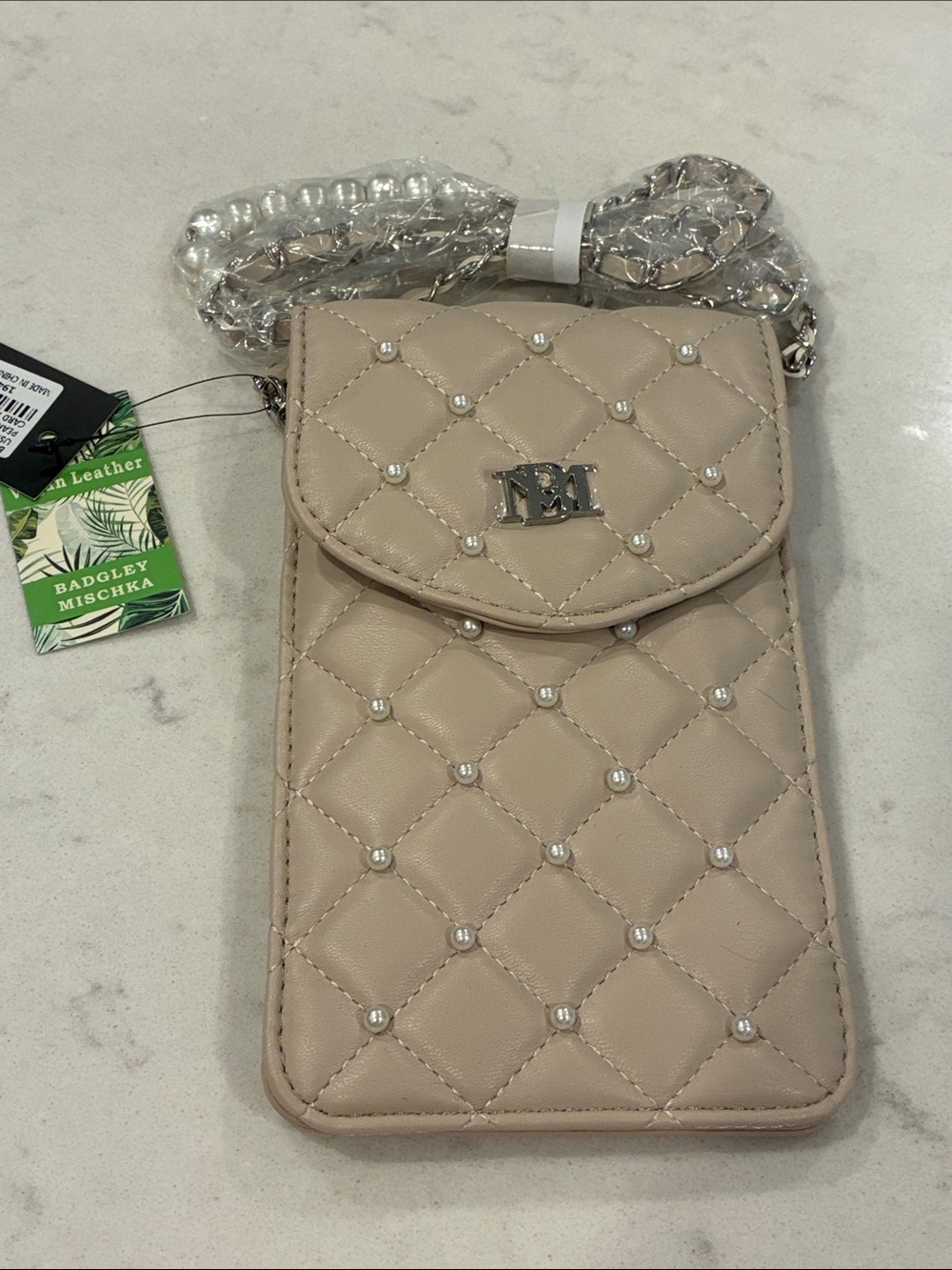 Badgley Mischka Quilted Pearl-Studded Beige Crossbody Phone Pouch